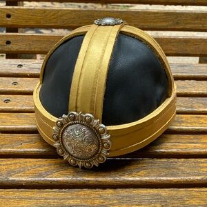 Leather helmet 4 sided Brain pan skull cap costume cosplay hat black gold Nice!